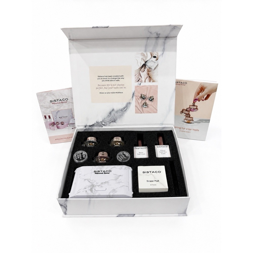 Sistaco Mineral Bond Deluxe Nail Kit 3 Colors LED Lamp Base Top Coat Pads